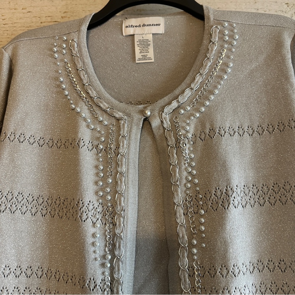 ALFRED DUNNER Metallic Silver Cardigan with built in Vest New with Tags
